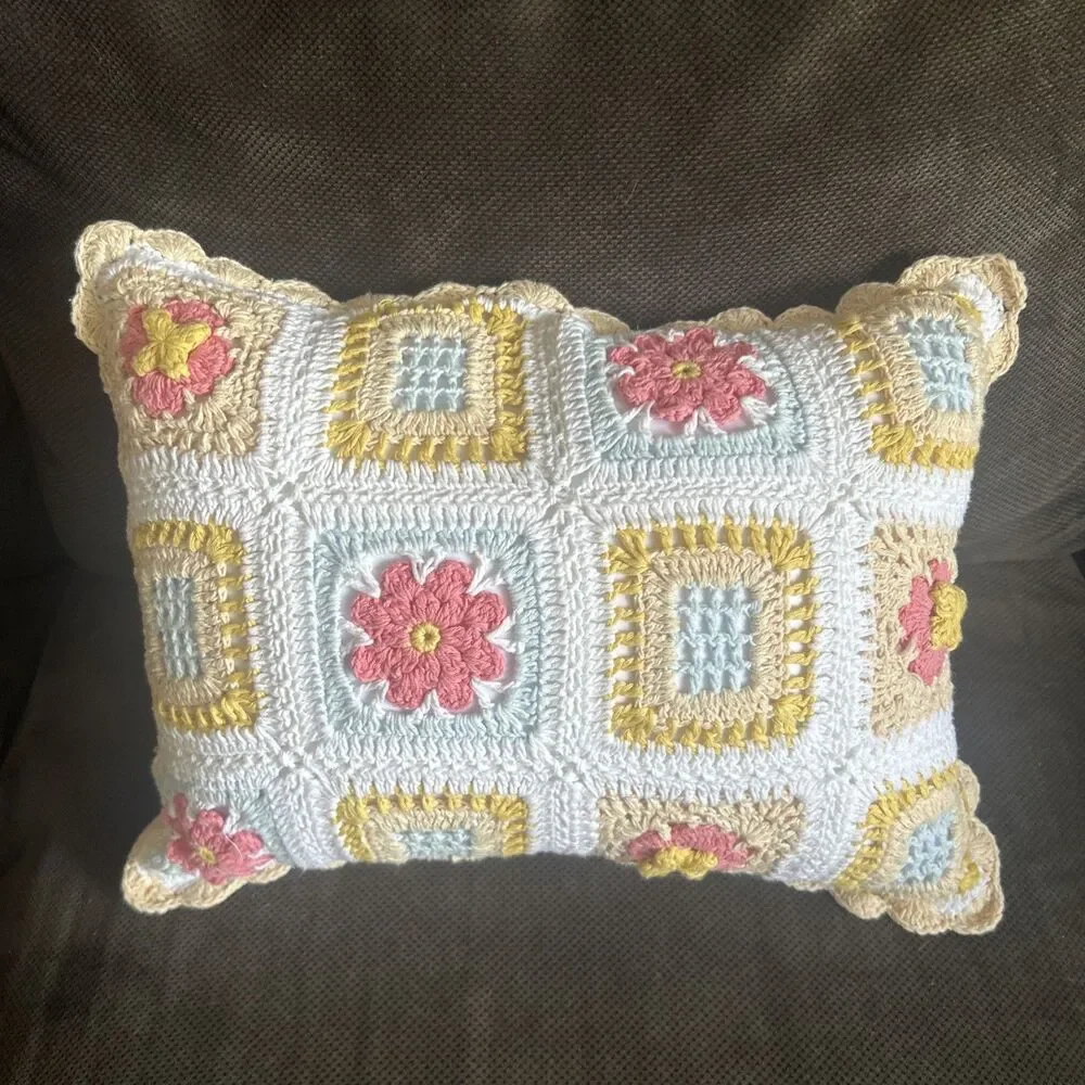 Shabby Chic Granny Square Throw Pillow Pastel 15x10 Cottage Feminine